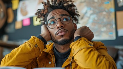 Fototapeta premium Overwhelmed Young Man Suffering from Decision Fatigue While Organizing Intricate Travel Schedule