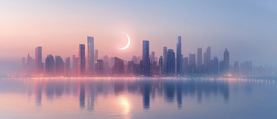Fototapeta premium Crescent Moon Urban Skyline Islam Religion Spiritual Symbol