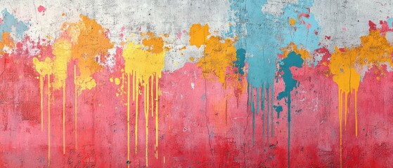 Abstract Artistic Stucco Wall with Vibrant Paint Splatters and Drips
