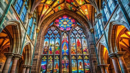 Naklejka premium Vibrant stained glass window inside historic St Giles' Cathedral, Edinburgh, Scotland, featuring intricate designs and colorful patterns, with space for text or captions.
