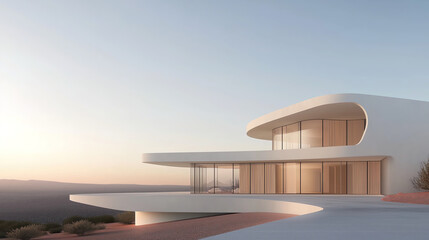 Fototapeta premium White luxury modern villa in desert at sunset, designed in streamlines