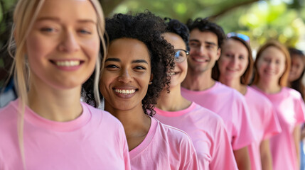 Breast cancer advocates standing proudly in pink shirts
