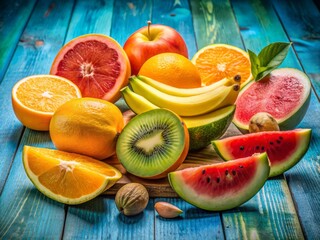 Vibrant summer fruits, including banana, kiwi, orange, and watermelon slices, artfully arranged on a rustic blue wooden table against a natural background.