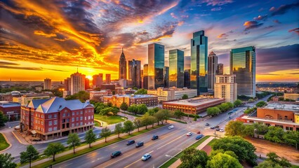 Vibrant sunset casts a warm glow on the modern Fort Worth, Texas, skyline, featuring sleek skyscrapers, bustling streets, and iconic Reata Restaurant's rustic charm.