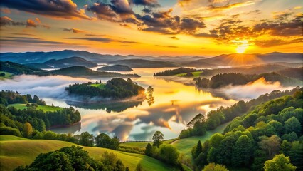 Fototapeta premium Vibrant sunset over rolling hills, lush green forests, and serene lake, captured through a misty veil, exuding tranquility and peacefulness in nature's embrace.