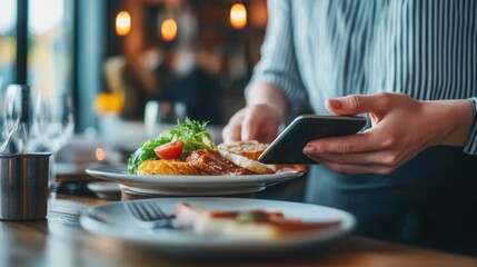 Naklejka premium Person using digital wallet to split a bill at a restaurant, representing social and convenient payments, Wallet bill split, Social digital finance