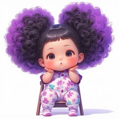Fototapeta premium Cute 3D illustration of a baby girl with large purple afro puffs sitting on a chair against a white background.