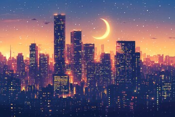Fototapeta premium Crescent Moon Urban Skyline Islam Religion Spiritual Symbol