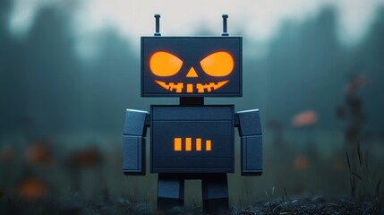 Spooky robot with glowing jack-o'-lantern eyes, dark atmosphere, 3D illustration