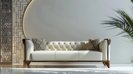 Elegant White Sofa with Wooden Arms in a Modern Interior
