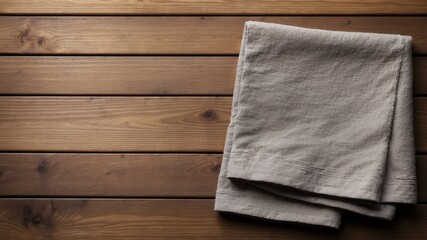 Gray kitchen towel on brown wooden table empty space top view vintage rustic background.