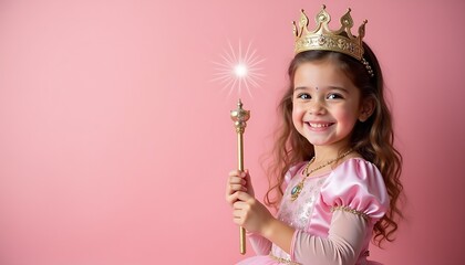 Portrait of a smiling cute little girl in princess costume with dress and crown holding a magical stick on pink background with copy space