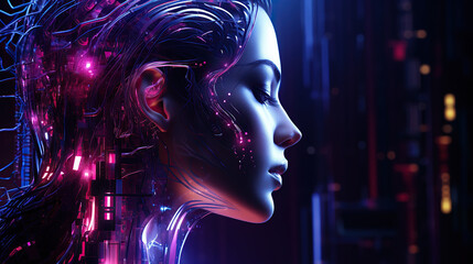Obraz premium generated illustration profile of female with futuristic technology with wires connected from body to head