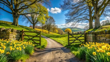 Fototapeta premium Vibrant yellow daffodils and blooming trees surround a rustic farm gate, with a winding dirt path leading to a tranquil green meadow on a sunny day.