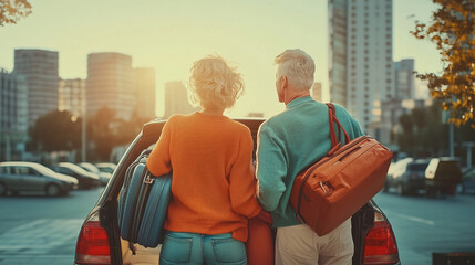  travel, seniors, couple, city, urban, adventure, luggage, car, sunset, golden hour, packing, retirement, journey, exploration, skyline, buildings, vacation, lifestyle, togetherness, preparation, geta