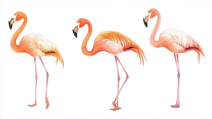 Obraz premium Set of flamingos, standing on one leg, elegant poses, isolated, white background, Watercolor style