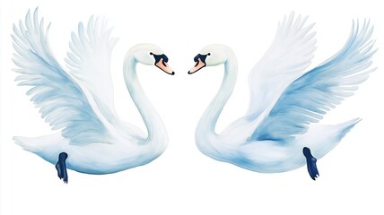 Fototapeta premium Set of swans, gliding gracefully, isolated, white background, Watercolor style