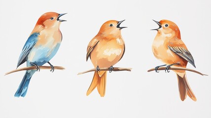 Fototapeta premium Set of thrushes, perched, singing melodiously, isolated, white background, Watercolor style