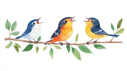 Set of warblers, small and colorful, singing, isolated, white background, Watercolor style