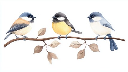 Fototapeta premium Set of chickadees, small and lively, perched, isolated, white background, Watercolor style
