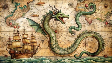 Obraz premium Vintage nautical chart featuring a mythical sea serpent coiled around a 17th-century galleon, surrounded by ornate scrollwork and faded navigational markings.