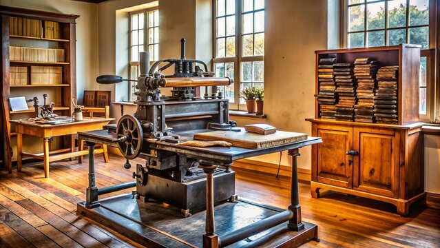 Vintage metal letterpress printing press machine with movable type, ink pads, and paper sheets, surrounded by classic printing blocks and wooden furniture.