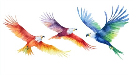 Obraz premium Set of kites, soaring high, sharp beaks, isolated, white background, Watercolor style