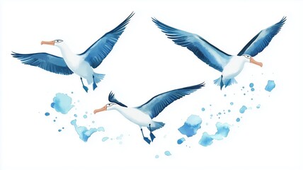 Fototapeta premium Set of albatrosses, soaring wings, isolated, white background, Watercolor style