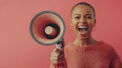 Woman holding a megaphone for a special sale announcement in retail promotion