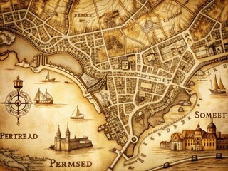 Fototapeta premium Vintage-style sepia-toned map of Portishead, Avon and Somerset, UK, showcasing intricate town details and surroundings in a warm, nostalgic colour palette.