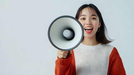 Young, Modern Gen z woman wearing a bright outfit and holding a megaphone for a marketing banner and special promotional announcement