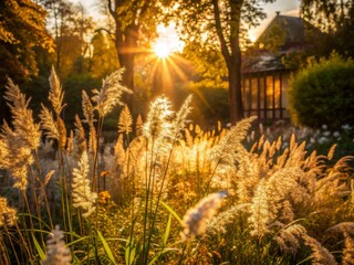 Warm afternoon sunlight casts a serene ambiance on swaying wild grass silhouettes in an abandoned garden, evoking a sense of tranquility and nostalgia.
