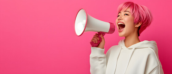 Young, Modern Gen z woman wearing a bright outfit and holding a megaphone for a marketing banner and special promotional announcement