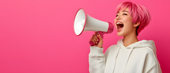 Young, Modern Gen z woman wearing a bright outfit and holding a megaphone for a marketing banner and special promotional announcement