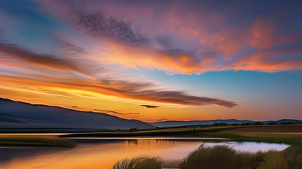 Obraz premium Beautiful sunset over a tranquil lake surrounded by mountains in summer