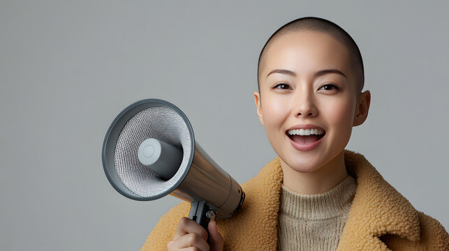 Young woman wearing brown jacket and holding a megaphone.  Perfect for a apparel marketing, sales and discounts announcement and clothing, Sale banner for a urbanwear, plain bright background
