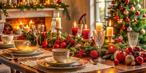 Warmly lit interior scene of a festive holiday table being set with ornaments, candles, and fine china, evoking a sense of cozy seasonal gatherings.