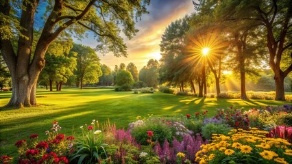 Fototapeta premium Warm sunlight casts a golden glow on lush green grass, vibrant flowers, and towering trees swaying gently in a serene and peaceful summer atmosphere.