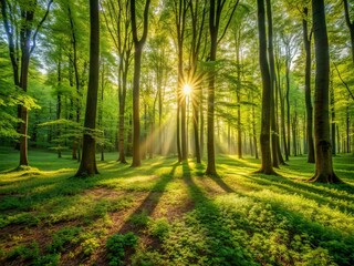 Warm sunlight filters through the dense canopy, casting dappled shadows on the forest floor, illuminating the lush green undergrowth on a serene spring morning.