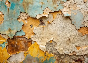 Weathered, aged concrete wall fragment with faded, peeling painted stucco reveals a shabby, distressed texture, perfect as a rustic, vintage-inspired background or design element.