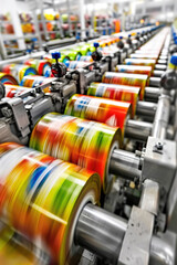 Fototapeta premium Printing press in action, freshly printed pages emerging, vibrant ink colors visible.