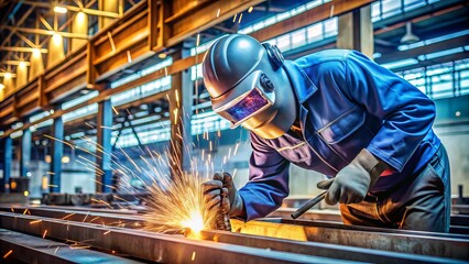 Welding sparks fly as a skilled technician meticulously repairs a cracked steel beam in a machinery factory, ensuring structural integrity and safety.