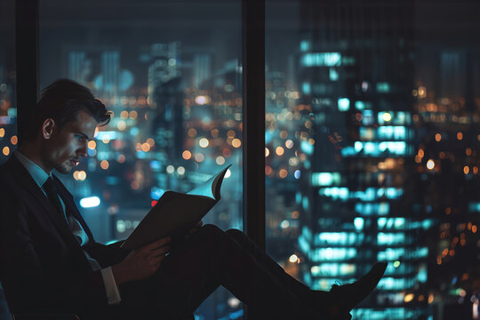 Literary agent reading manuscript in modern office, thoughtful expression, cityscape background.