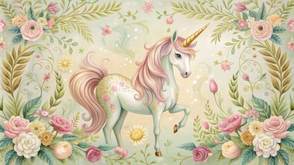 Fototapeta premium Whimsical illustration of a pastel-colored unicorn surrounded by elegant floral patterns and golden accents on a vintage-inspired invitation card background.