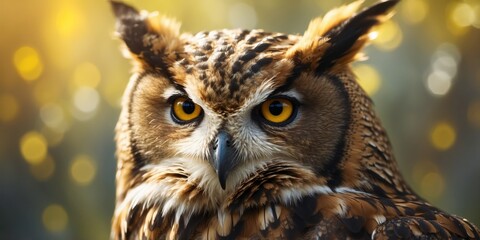 Fototapeta premium A tight shot of an owl's face with a yellow-eyed bird of prey in the foreground.