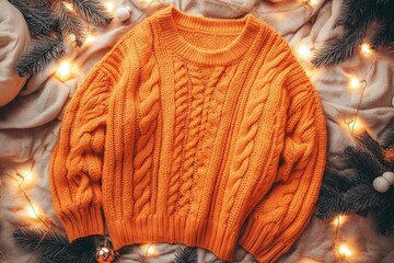 Cozy yellow knitted sweater surrounded by warm fairy lights and dried flowers on soft fabric