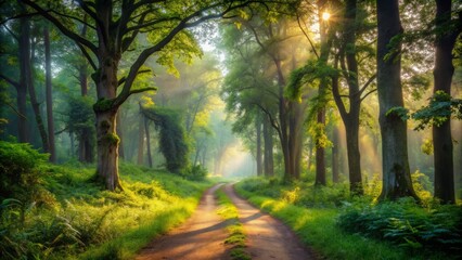 Fototapeta premium Winding dirt pathway surrounded by lush greenery and towering trees, leading to a serene and tranquil atmosphere in a misty forest landscape at dawn.