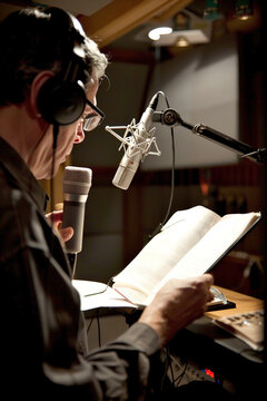 Audio book recording studio, narrator reading into microphone, soundproof room.