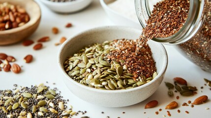 A mix of edible seeds being poured from a jar into a bowl, with other seeds scattered around on a white surface.