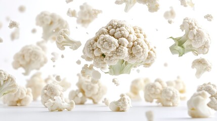 Fresh white cauliflower florets levitating in mid-air against a white background.